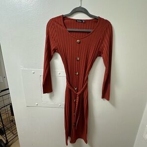 Terracotta color long sleeve dress with wrap belt